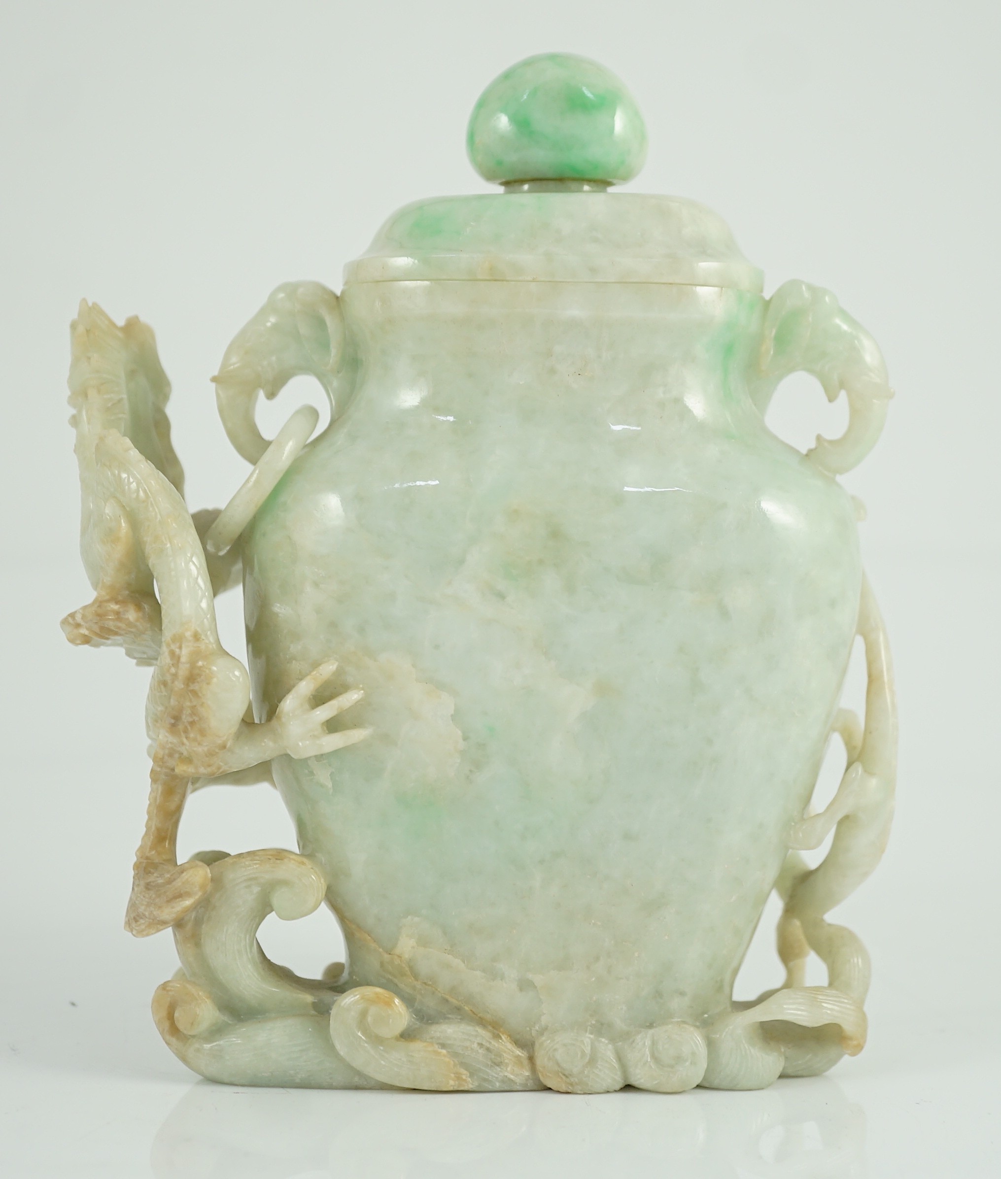 A Chinese jadeite 'dragon' vase and cover, late 19th/early 20th century, 15.3cm high, horn tips and one ring lacking